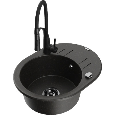 Mexen Kevin гранитна мивка с 1 камера с отцедник и кухненски смесител Aster, черен/златен металик - 6517-75-73450-70-B (6517-75-73450-70-B)