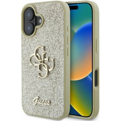 GUESS Голям калъф Guess Fixed Glitter 4G за iPhone 16 - златен (3666339328566)