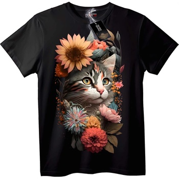 NOONEBRAND Тениска Флорална Котка - 2XL, Black