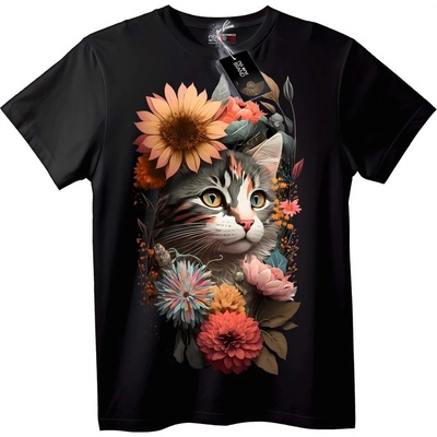 NOONEBRAND Тениска Флорална Котка - 2XL, Black