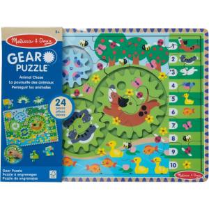 Melissa & Doug Дървен пъзел с механизъм Melissa & Doug - Animal Chase, 24 части (31004) - ozone