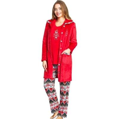 Плюшен комплект от халат и пижама в червено