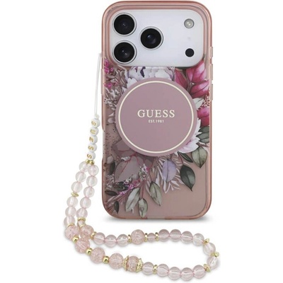 GUESS Дамски Калъф за iPhone 17 Pro, Guess IML Flowers Magsafe Strap Case, Розов (GUHMP17LHFWBRCESP)