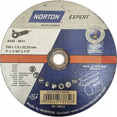 Rezný kotúč na kov NORTON EXPERT INOX 230x22,23x1,9mm A46S-BF41 plochý