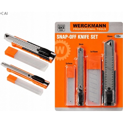 Sada nožov, skalpel, hliníkový nôž s odlamovacou čepeľou Werckmann 9mm 18mm