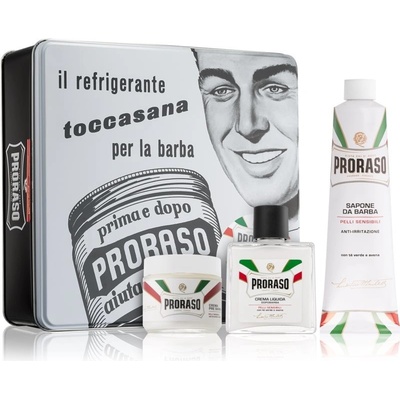 Proraso Sensitive Skin krém pred holením pre citlivú pleť 100 ml + mydlo na holenie 150 ml + balzam po holení pre citlivú pleť 100 ml + plechový box
