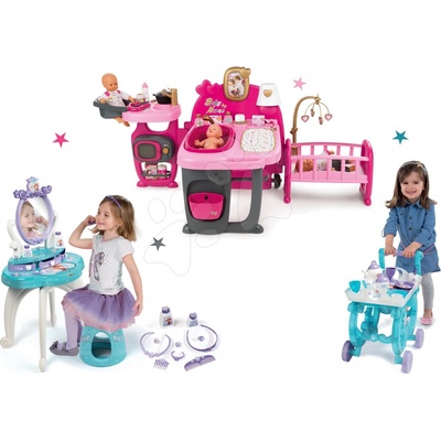 Smoby Set domček pre bábiku Baby Nurse Doll's Play Center a kozmetický stolík Frozen 2v1 a servírovací vozík Frozen XL Tea Trolley