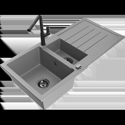 Andres гранитна мивка 1, 5-камерна с отцедник и кухненски смесител Flora, сив - 6515-71-670401-70-B (6515-71-670401-70-B)