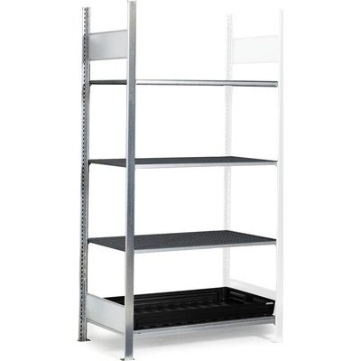 DENIOS Regál pre malé nádoby, nadstavné pole, 3x mrežový rošt, záchytná vaňa z PE, 1012 x 637 x 2000 mm