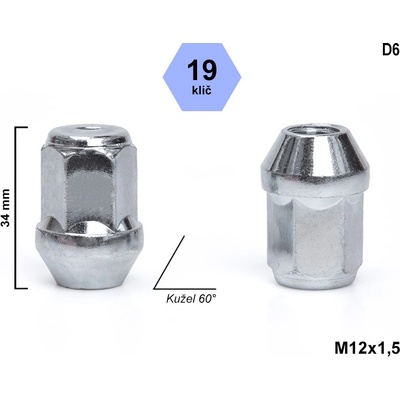 Kolová matice M12x1,5 kužel zavřená, klíč 19, D6, výška 34 mm – Zboží Mobilmania