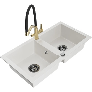 Mexen Mario гранитна мивка с 2 камери с кухненски смесител Duo, бял - 6504-20-671701-57-B (6504-20-671701-57-B)