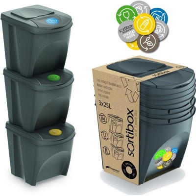 Prosperplast SORTIBOX Sada 3 odpadkových košov 3 x 25 l, šedý kameň IKWB25S3