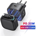 USAMS Захранване за ел. мрежа с USB-C порт и вграден USB-C кабел - Usams GaN Wall Charger With Magnetic Retractable USB-C Cable 35W (черен) (US-CC202)