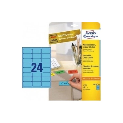 Etikety Avery odnímateľné 63,5x33,9 mm, modré