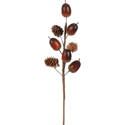 Jesenná umelá vetvička Žalude a šišky hnedá, 32 cm
