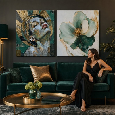 Set 2 obrazov Smaragdová elegancia — Vznešená krása, Smaragdový kvet - 2× 80×80 cm