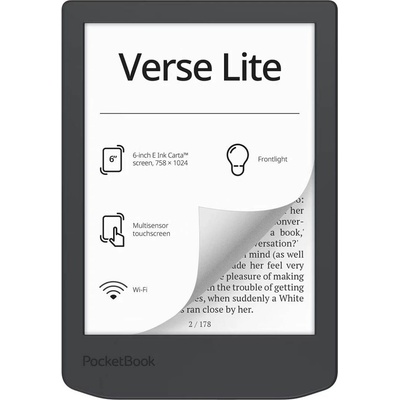 PocketBook Verse Lite - Електронен четец, 6" E Ink Carta, 8GB, Wi-Fi, Подсветка - Черен