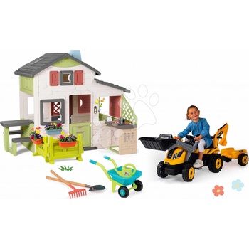 Smoby Set domček Priateľov s predzáhradkou a traktor na šliapanie Builder Friends House Life s nakladačom a bagrom a záhradný fúrik s náradím