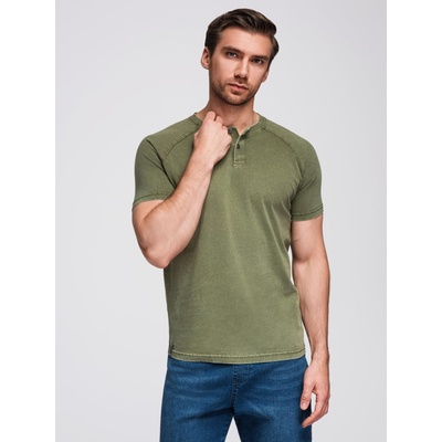 Ombre Clothing Мъжка тениска с ефект на пране и бутони при деколтето - маслинена V4 OM-TSWT-0150 Ombre Clothing Ombre Clothing | Zelen | МЪЖЕ | M