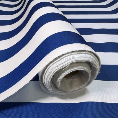 Látka do exteriéru na zahradné lehátka a húpacie siete, farba bielo-chabrová, prúžok 5 cm