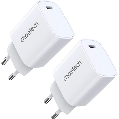 Choetech Wall Charger USB-C 20W PD Set - комплект два броя захранване за ел. мрежа 20W с USB-C изход и технология за бързо зареждане (бял)