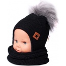 Baby Nellys zimní čepice s fleecem a chlupáčková bambule Star komínek černá