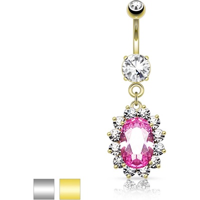 Šperky eshop ocelový piercing do pupíku růžový zirkonový ovál čirý blýskavý lem R46.26 zlatá