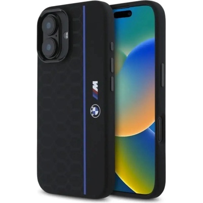 BMW Силиконов калъф BMW Hexagon Blue Line MagSafe за iPhone 16 - черен (3666339324841)
