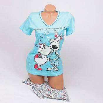 Image 1 of Дамска лятна памучна пижама в светлосин цвят с апликация