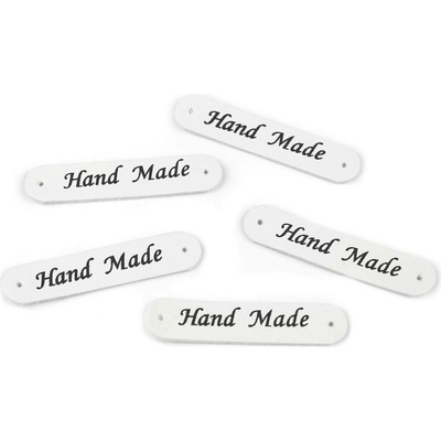 Nášivka / štítek z eko kůže Hand Made 10x48 mm - bílá mat (5 ks)