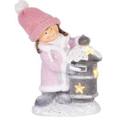 MagicHome Dekorace Vánoce Holčička se schránkou 1 LED 3xAA keramika 31x23x43 cm