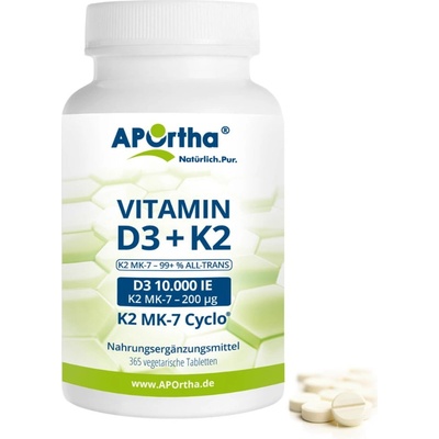 Aportha Vitamín D3 10 000 IU 250 μg + Natto Vitamín K2 MK-7 Cyclo 200 μg 365 vegetariánských tablet