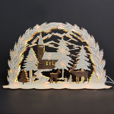 AMADEA Dřevěný svítící portál s motivem kostela dýhový 53x31x10 cm