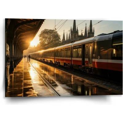 Sablio Obraz Vlak na nádraží při východu slunce - 120x80 cm
