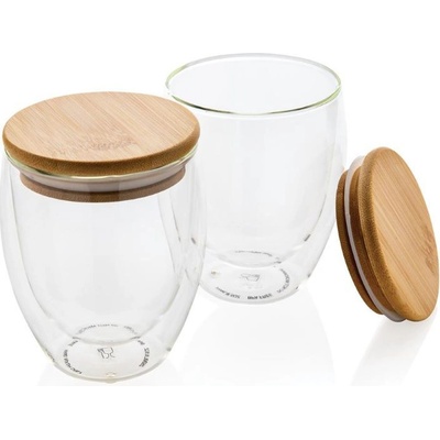 Design Set dvou dvoustěnných sklenic s bambusovým víčkem XD čirá 250 ml