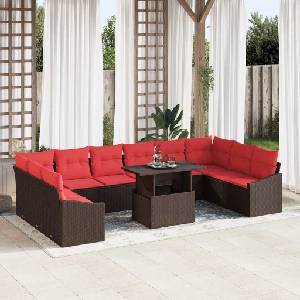 vidaXL Комплект дивани 11 бр. 10-Брой места Кафяво и червено полиратан (3349080)