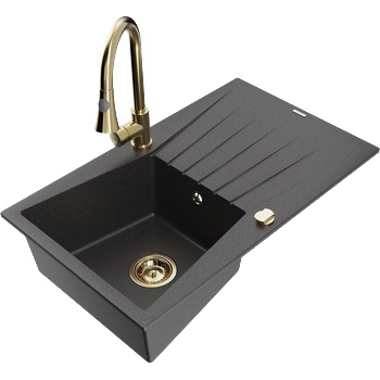 Mexen Cesar мивка от гранит с 1 камера и отцедник, с кухненски смесител Elia, черен с пръски - 6514-76-670101-50 (6514-76-670101-50)