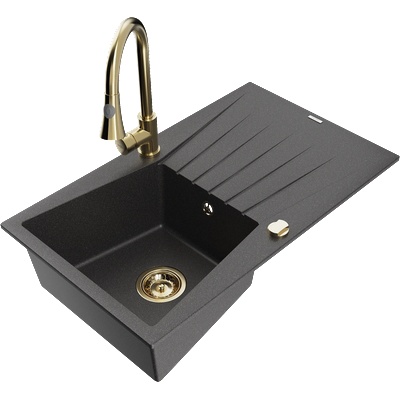 Mexen Cesar мивка от гранит с 1 камера и отцедник, с кухненски смесител Elia, черен с пръски - 6514-76-670101-50 (6514-76-670101-50)