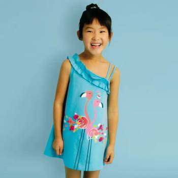 Mayoral Асиметрична рокля в тюркоазен цвят фламинго за мини момиче Майорал