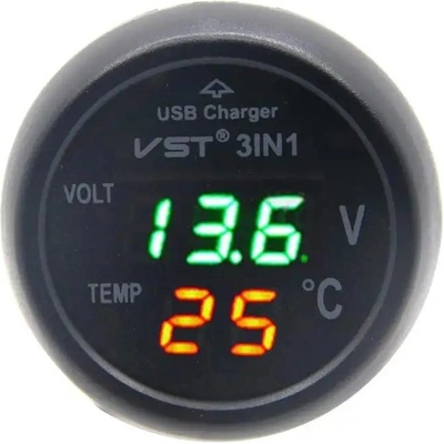 Digitální voltmetr s teploměrem + USB nabíječka do CL zásuvky, 12-24V