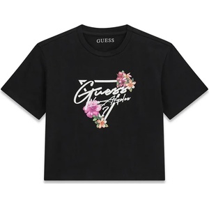 GUESS Къса тениска в черен цвят за момиче с бяло лого Guess и цветя