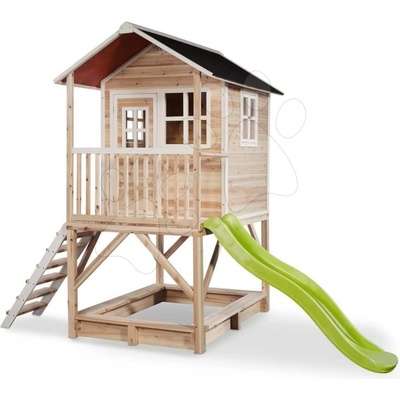 Exit Toys Domček cédrový na pilieroch Loft 500 Natural s vodeodolnou strechou pieskoviskom a 1,75 m šmykľavkou prírodný