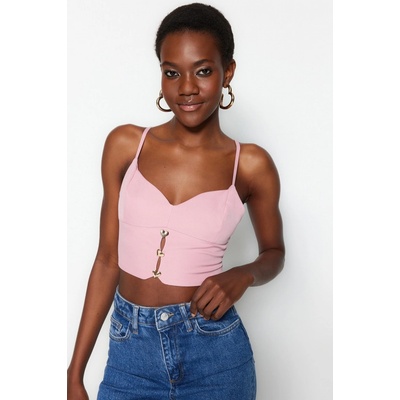 Trendyol ružový crop podšitý bustier s tkanými doplnkami ružová 8683048469026