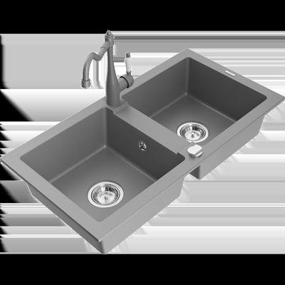 Mario гранитна кухненска мивка с 2 отделения и кухненски смесител Carla, сив - 6504-71-670700-71 (6504-71-670700-71)