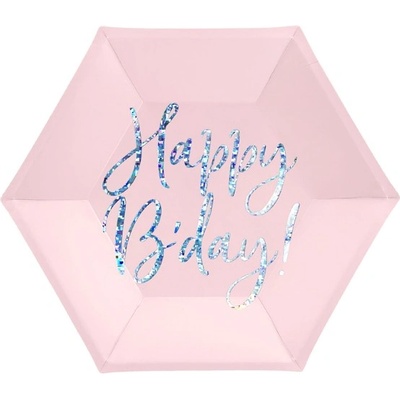 Party Deco Парти Чинии "Happy B'day! ", Бледо Розови, (1 Пакет / 6 Бр. )