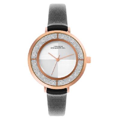 Часовник French Connection Rose Case Round Shape Black Strap Quartz Watch - Silver