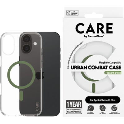 Panzer Гръб CARE by PanzerGlass за iPhone 16 Plus, Flagship Case Urban Combat w. Green MagSafe