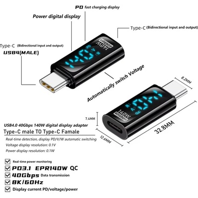 AppleMix Adaptér/reduktor USB-C samec/USB-C samica - LCD napätie/prúd - čierny