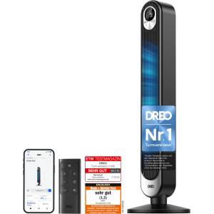 DREO Smart 20dB DC Motor Tower Fan Quiet, 11M Wind Distance Fan with Remote Control, 9 Levels 4 Modes, 90° Oscillating Stand Fan with Voice Control for Bedroom, 12H Timer - DR-HTF018S (DR-HTF018S Black)