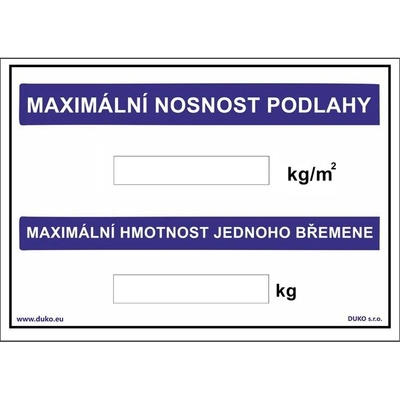 DUKO MAXIMÁLNÍ NOSNOST PODLAHY - MAXIMÁLNÍ NOSNOST JEDNOHO BŘEMENE Formát: 297 x 210 mm, Materiál: plast 0,5 mm, samolepící vinylová fólie